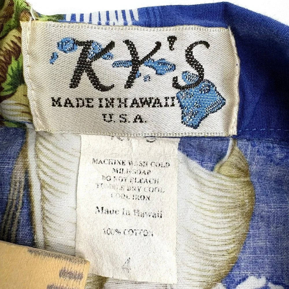 VTG 90s‎ Ky's Hawaiian Shirt Kids Sz 4 Blue Floral Palm Trees Islands Wa'a Boat